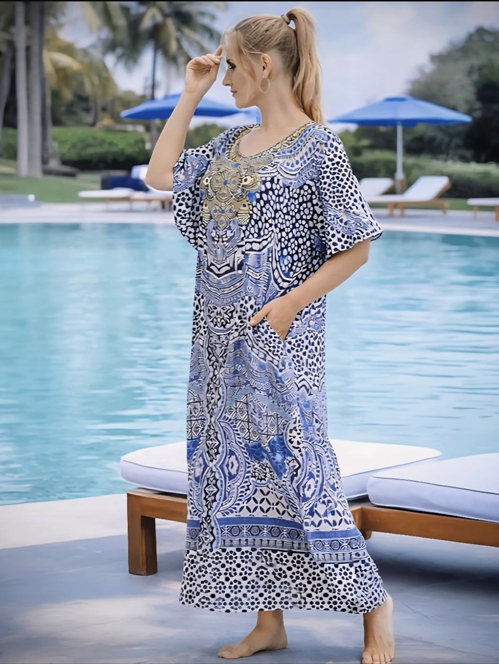 Blue Patterned Women's Maxi Caftan Dress with Embellished Neckline